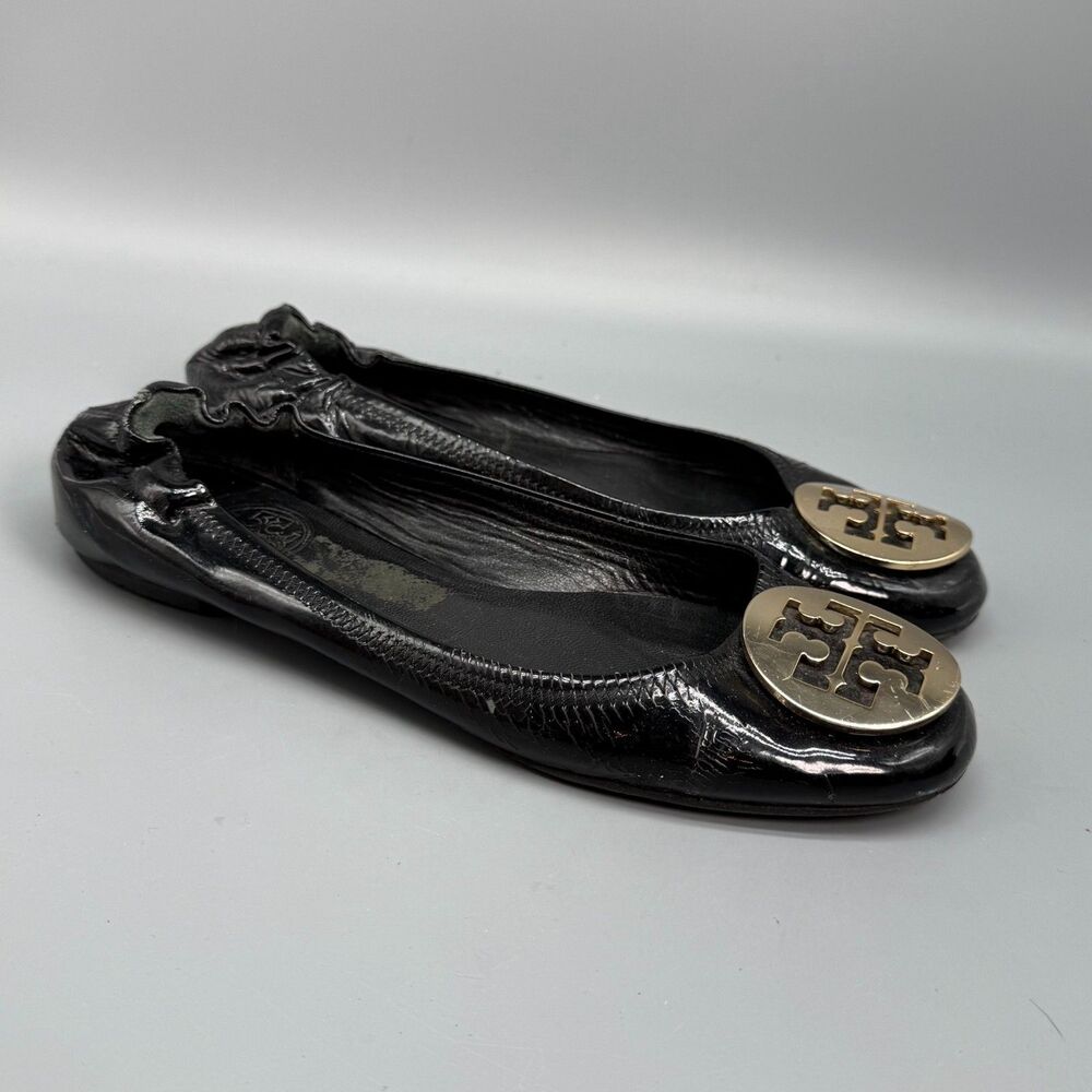 Tory Burch Reva Women's 6.5 Black Leather Ballet Flats Slip-On Round Toe Comfort